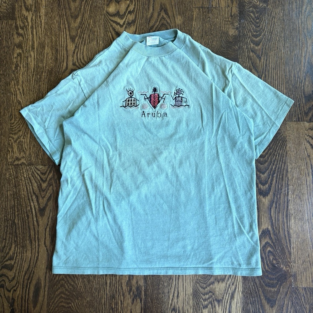 Vintage 90s Desert Heat Aruba T Shirt Large Green Single Stitch Embroidered USA